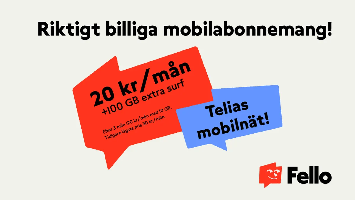 Erbjudande med studentrabatt från Valfritt mobilabonnemang för 20kr/mån i 3 mån + 100 GB extra surf