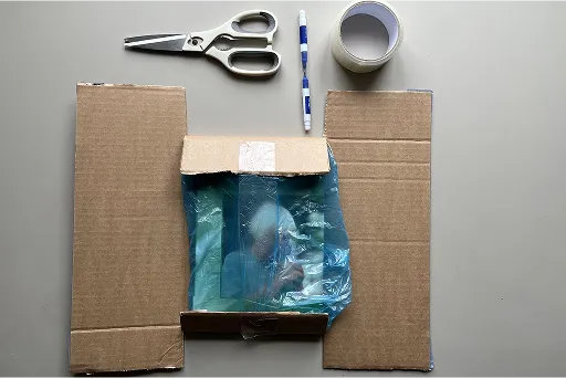 En ihopvikt kartong med en bok inuti en plastpåse placerad i kartongen.