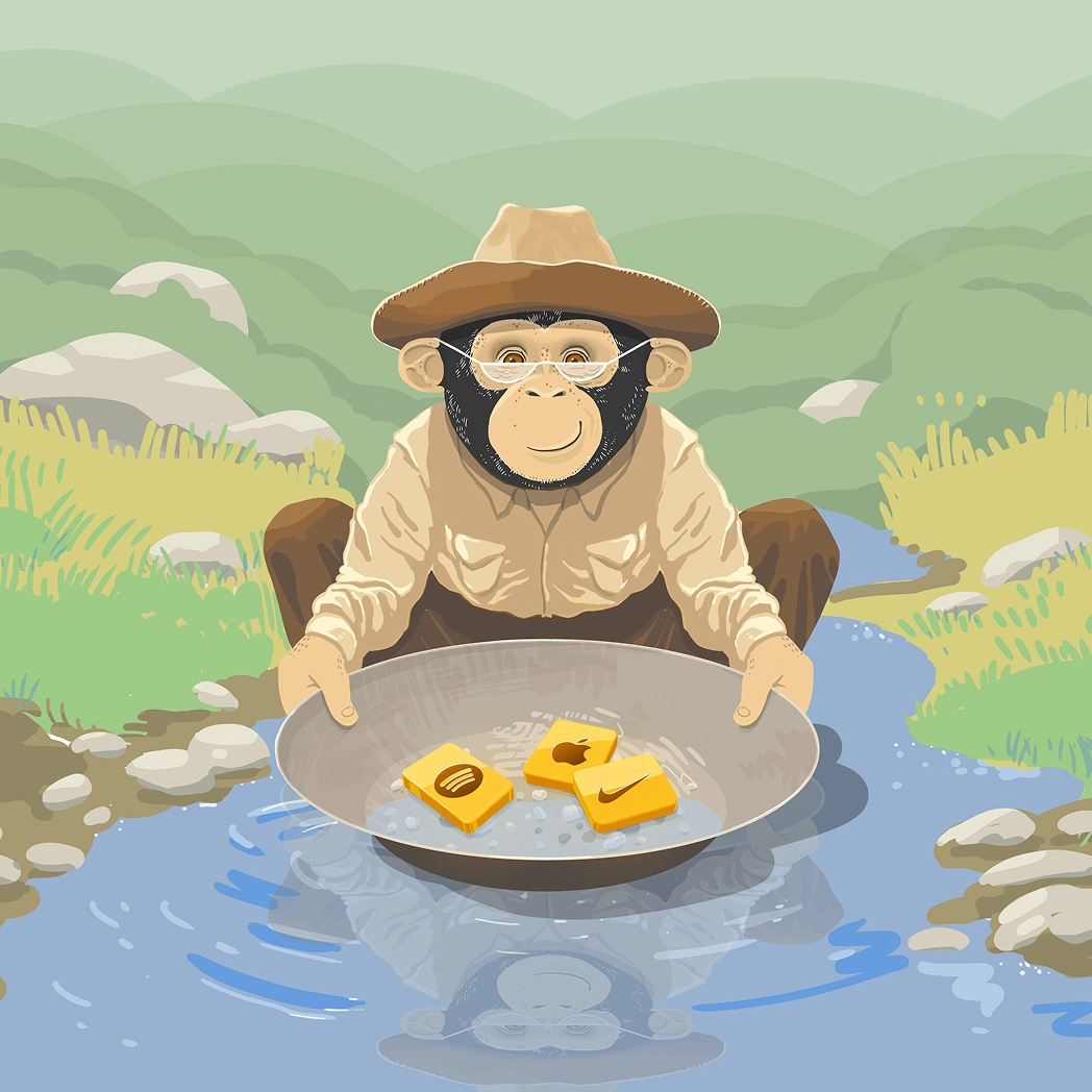 Illustration av en leende apa med hatt och glasögon som sitter vid en bäck och “vaskar” fram guldtackor med kända företagslogotyper, som en metafor för att hitta värdefulla studentrabatter.