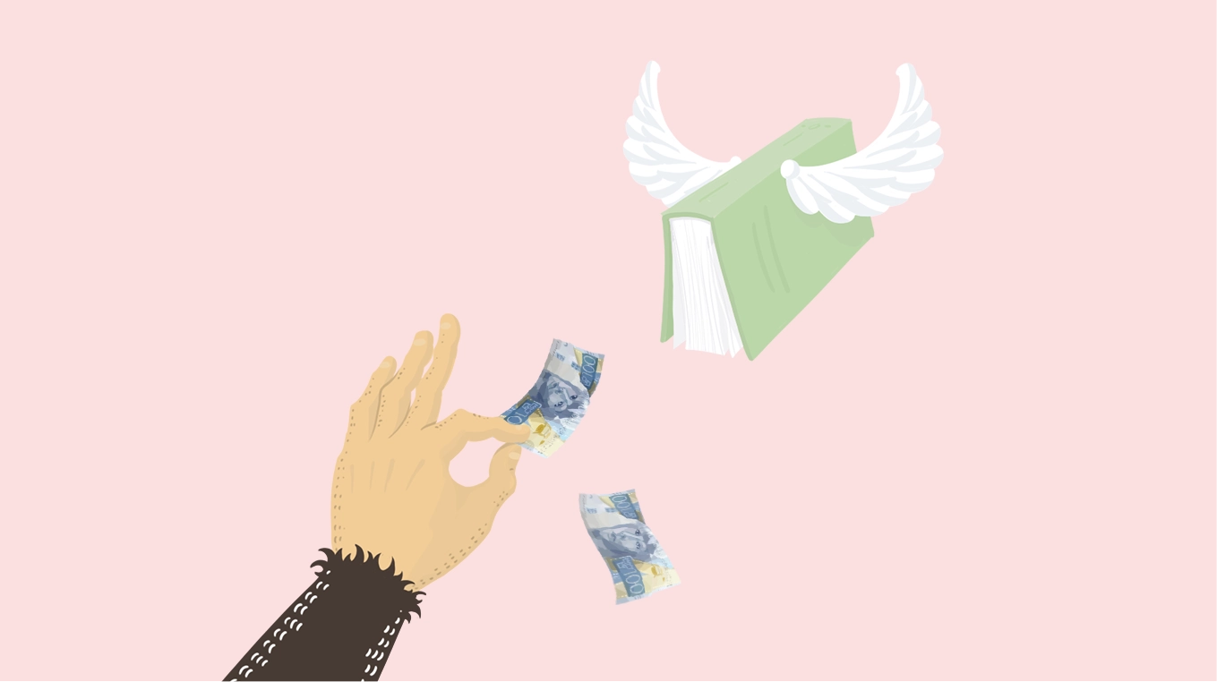 En kursbok med vingar flyger iväg medan en hand tar emot sedlar
