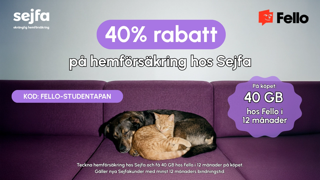 Erbjudande med studentrabatt från 40 % på hemförsäkringen. 40 GB på köpet