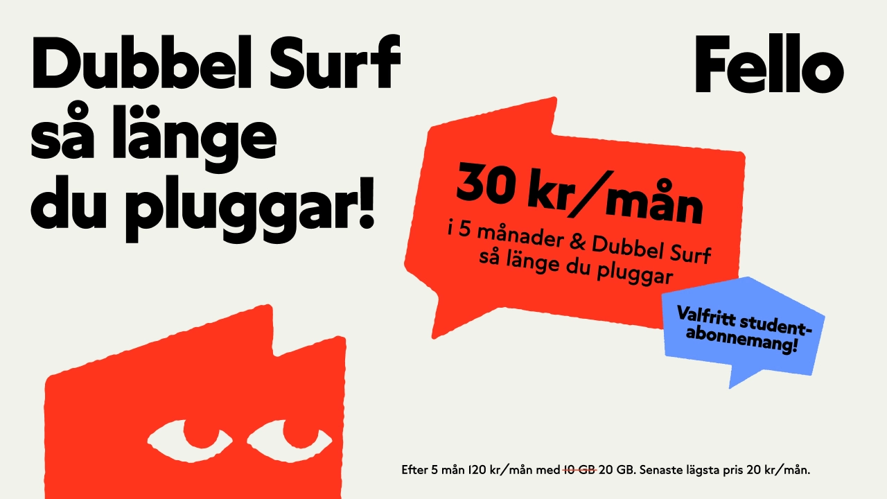 Erbjudande med studentrabatt från Studentabonnemang för 30 kr/mån i 5 månader – med Dubbel Surf hela studietiden