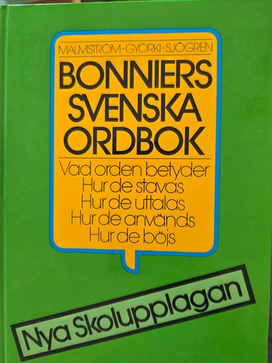 Bonniers svenska ordbok : nya skolupplagan : [vad orden betyder, hur de stavas, hur de uttalas, hur de används, hur de böjs]; Sten Malmström; 1989