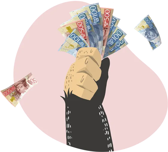 Tecknad hand som håller i sedlar