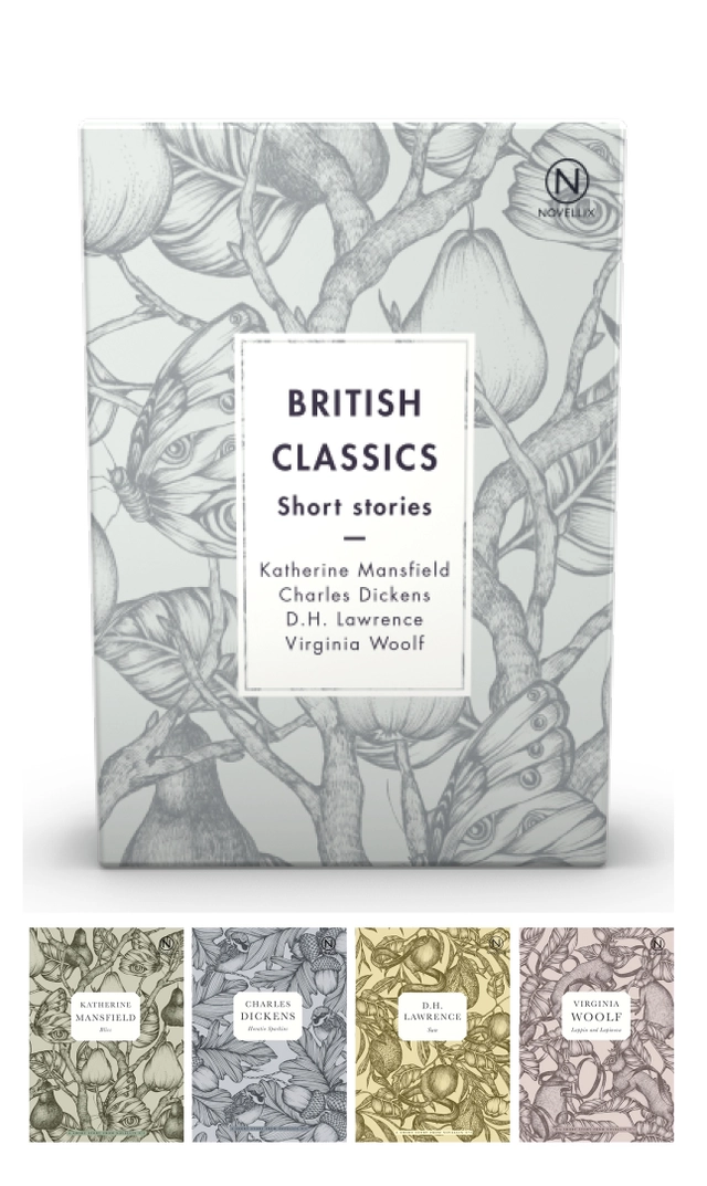 Box with four British classics; Katherine Mansfield, Charles Dickens, D. H. Lawrence, Virginia Woolf; 2016