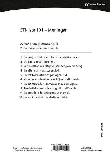 Dysartri - STI-lista 101-150 - Ord- och meningslistor för testning av patientens förståelighet; Lena Hartelius; 2015
