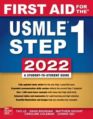 First Aid for the USMLE Step 1 2022; Tao. Le, Vikas Bhushan, Matthew Sochat, Caroline Coleman, Connie Qiu; 2022